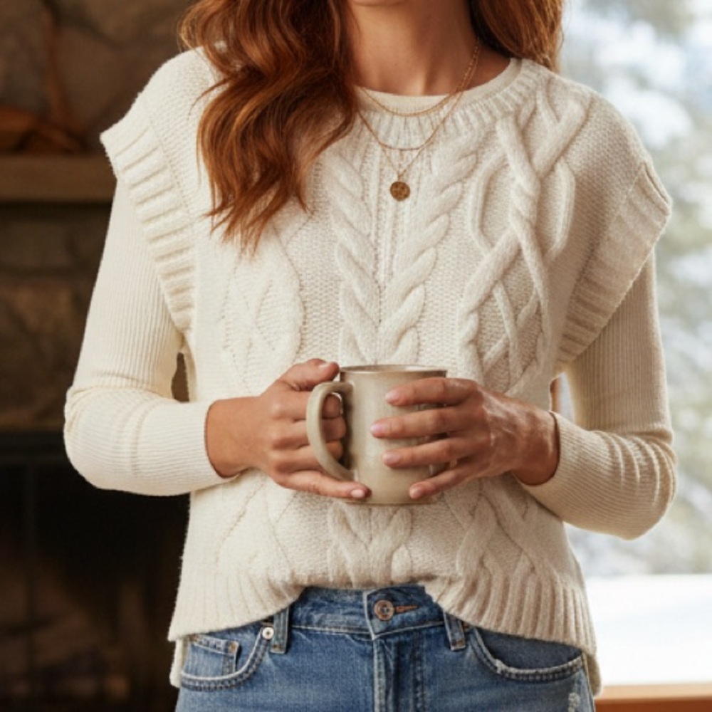 Chunky Cable Knit Maeve Ivory Cotton Blend Hooded Sweater Vest L Large‎